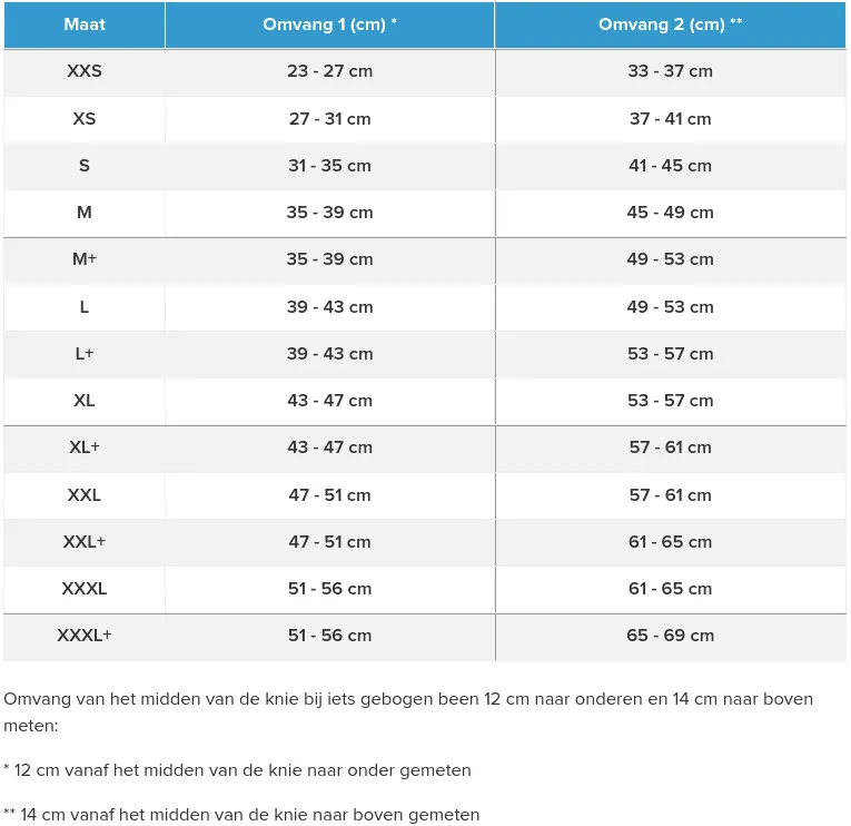 kniebrace genu comfort maattabel